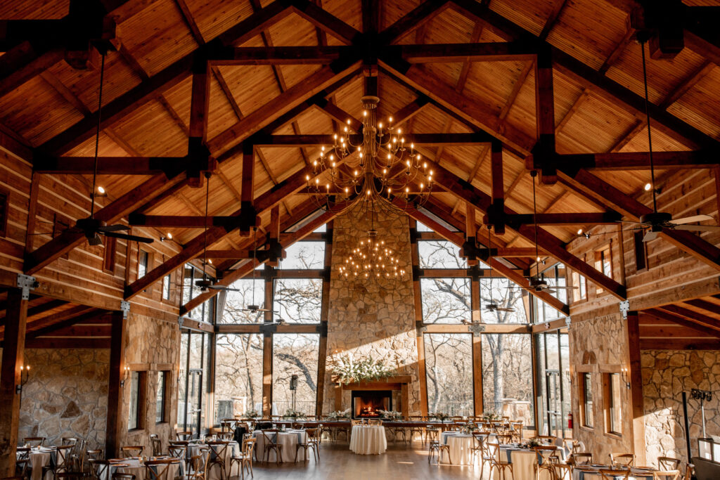 Alvarado Wedding Venue Lodge Chandeliers Farmhouse Chairs Natural Light Indoor Reception Hall